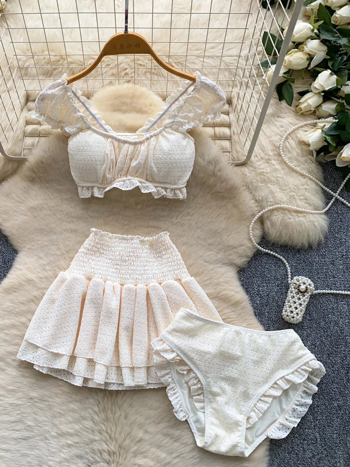 

Sweet Lace Halter Top High Waist Skirt Two Piece Set Women's Fashion Summer Outfit Bell Sleeve Casual Commute Style