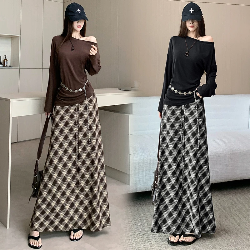 New Simple Elegance Diagonal Shoulder Long Sleeve T Vintage Fashion High Waist Plaid  Skirt Women Slimming Versatile A-Li...