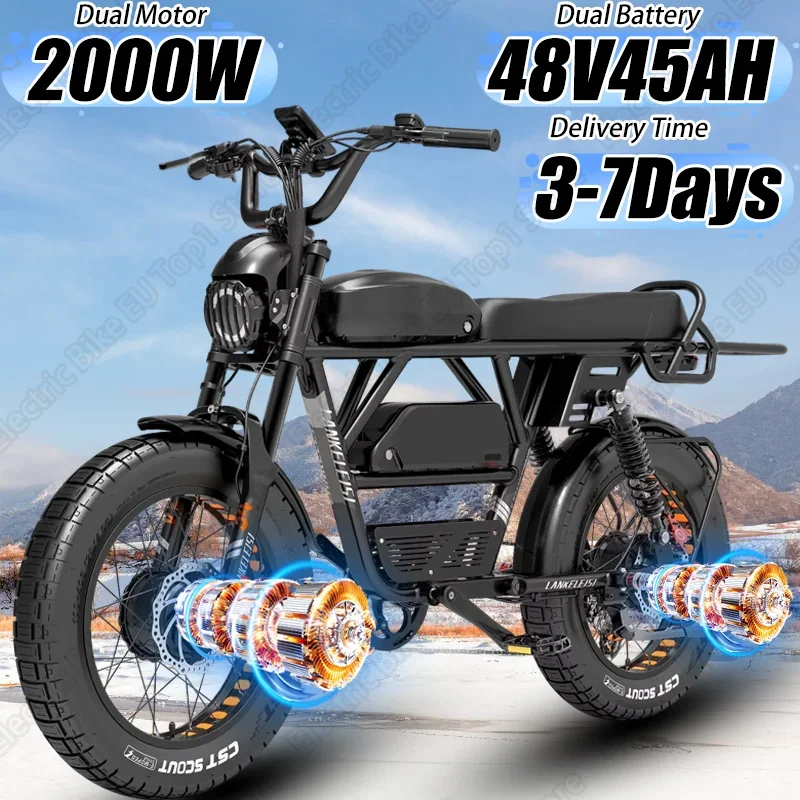 LANKELEISI X-Black Knight Ebike 2000W Motor Lithium Dual Battery All Terrain Electric Bike 20*4.0 Inch Fat Tire Electric Bicycle