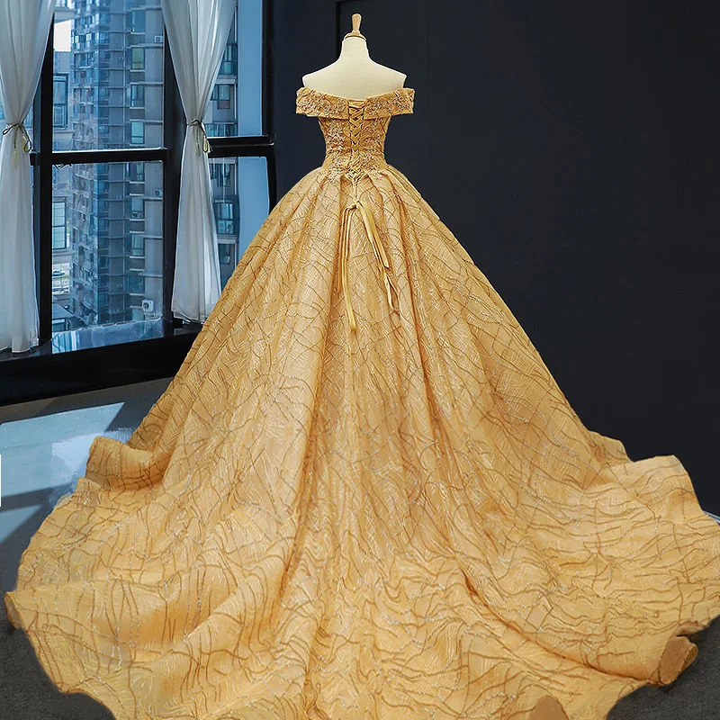 Elegant Women Ball Gown Dress Flower Embroidery Beaded Sequin Formal Evening Party Sexy Wedding Dress Off the Shoulder Trailing