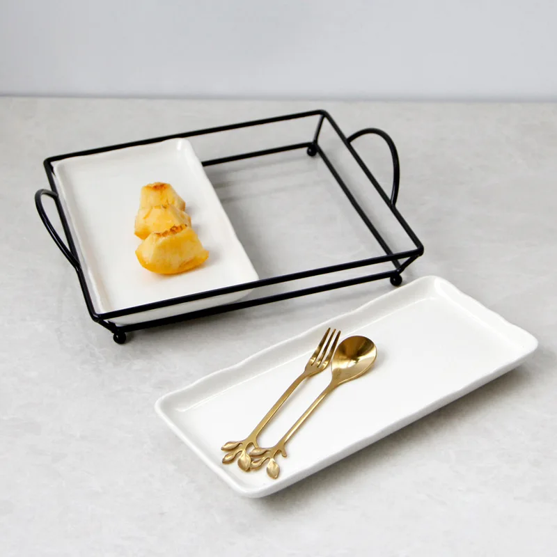 Divided Fruit Tray Cake Candy Bread Pan Simple Modern 2 to 3 Grid Dim Sum Plate Iron Ceramic Combination With Handle