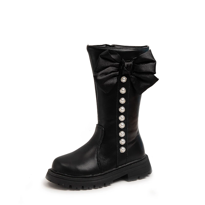 2023 New Girls High Boots PU Pearls with Bow Non-slip Fashion Children Chic Elegant Sweet Princess Boots Side Zipper Korean Wind