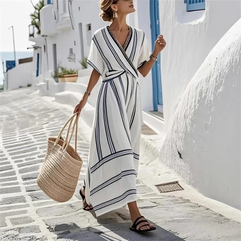 Lässiges, lockeres, gestreiftes Retro-Sommerkleid mit V-Ausschnitt, kurzen Ärmeln, plissiert, A-Linie, Maxi, Boho, Strandurlaub, Outfit für Damen und Teenager