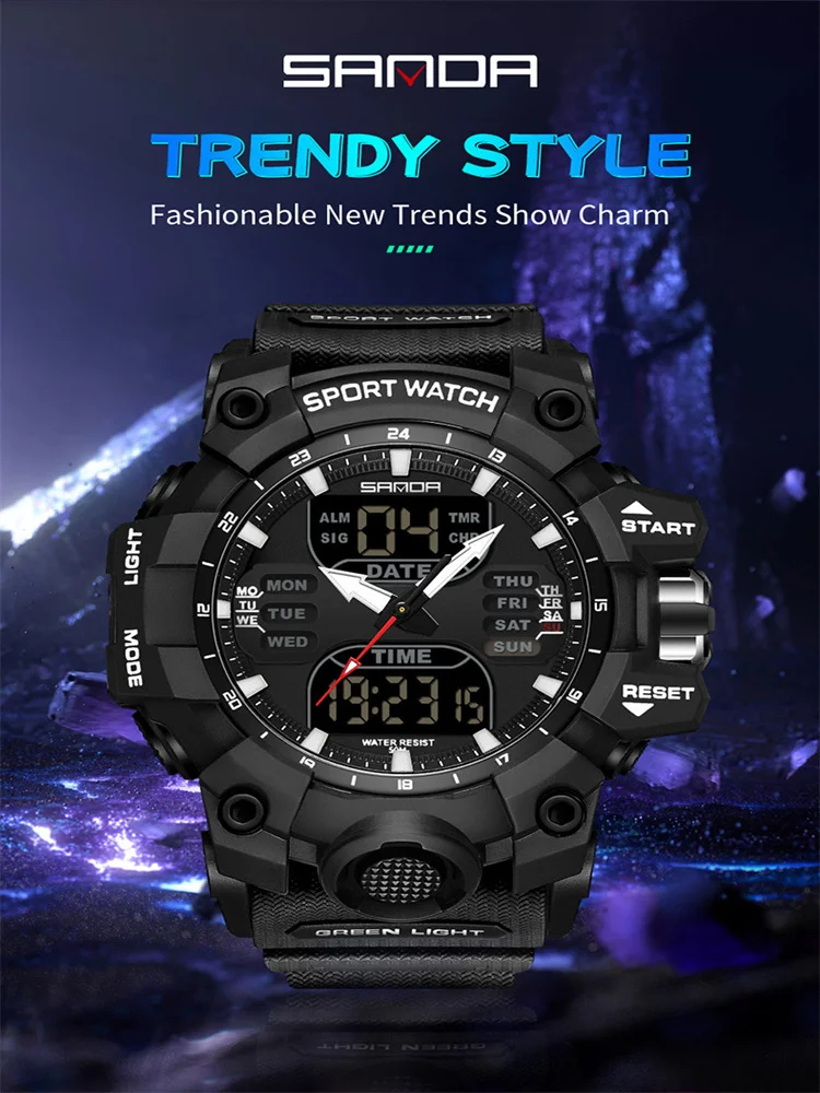 SANDA 6126 New Product Alarm Clock Multifunctional Men\'s Fashion Trend Korean Edition Waterproof Shock Resistant Wrist Watch