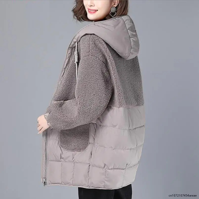 Women Padded Jackets Autumn Winter Hooded Outerwear 2023 Loose S-4XL Down Cotton Jacket Mid-Length Lamb Wool Thick Coat Female