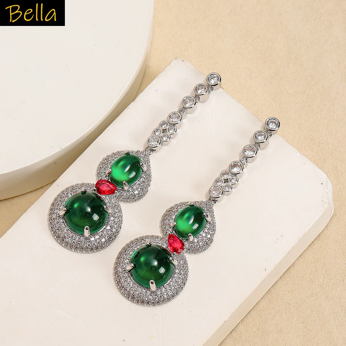 

Chinease style luxury earrings green gourd long pendant evening party wedding earrings white cubic zirconia anniversary gift