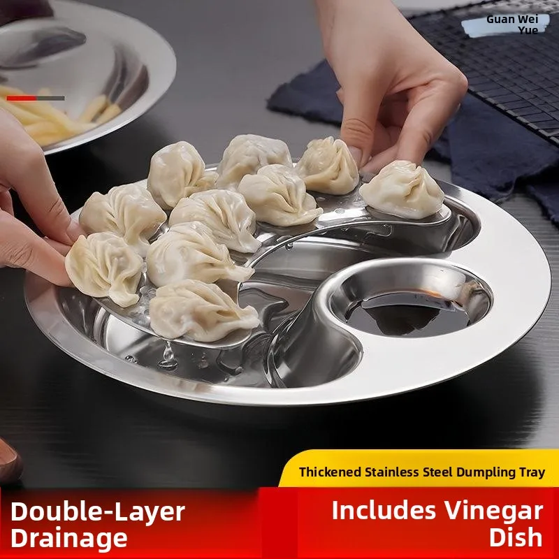 

Thickened Stainless Steel Double Layer Dumpling Draining Plate with Vinegar Dish Home Use Oil Drain Plate round Dumpling Spec...