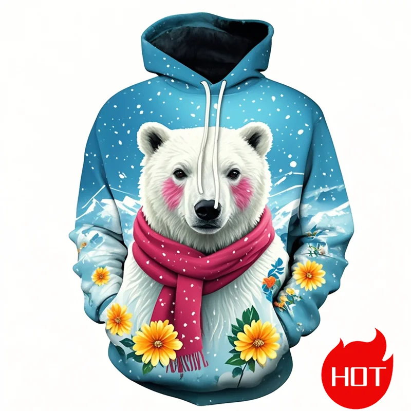 Śliczne 3D niedźwiedź polarny bluzy z kapturem z nadrukiem dla mężczyzn śmieszne niedźwiedzie polarne graficzne bluzy z kapturem Vintage Streetwear ubrania z kapturem