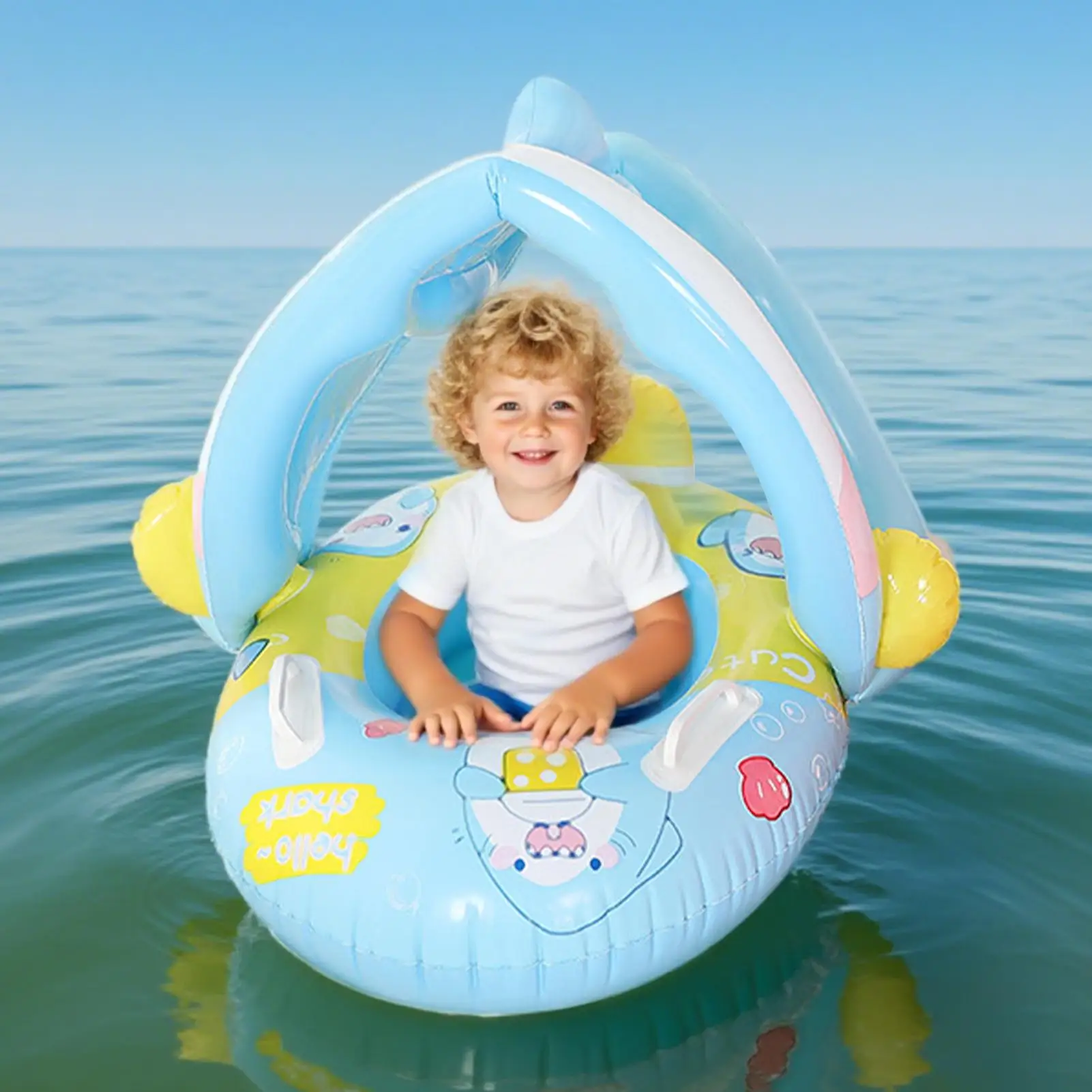 ใหม่เด็ก Pool Float ป้องกันแสงแดดเด็กแหวนน้ําปลอดภัยสบายเทรนเนอร์ว่ายน้ําสําหรับทารกและเด็กวัยหัดเดิน UV Protection Canopy