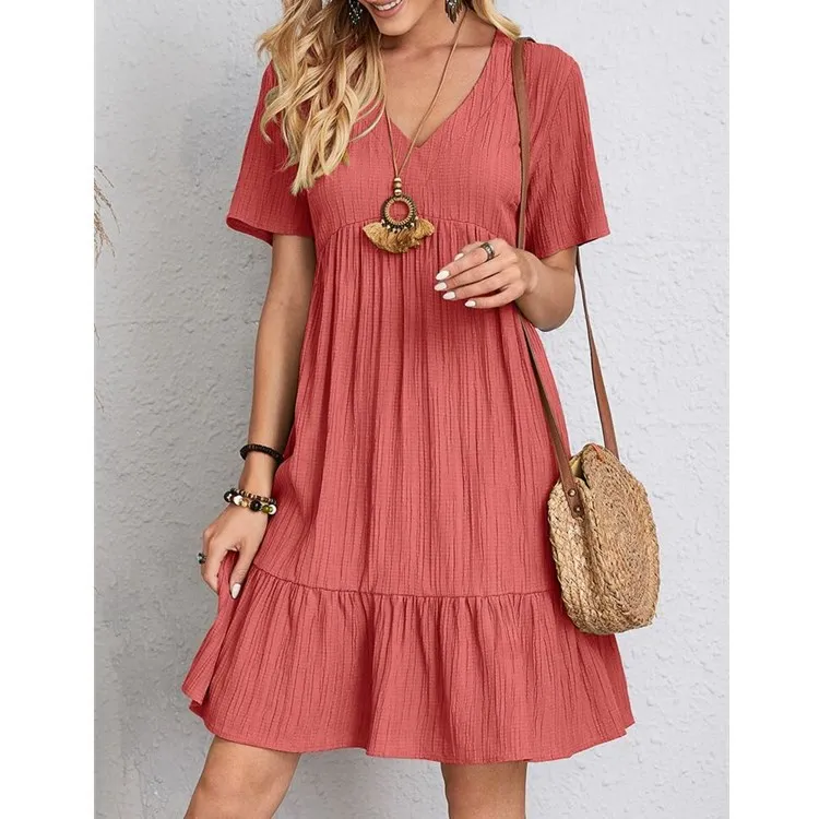 2024 Women's Loose V-neck Casual Short-Sleeved Belted Stitched Pleated Knee-length Dress Literary Retro Casual Mid-Length Skirt