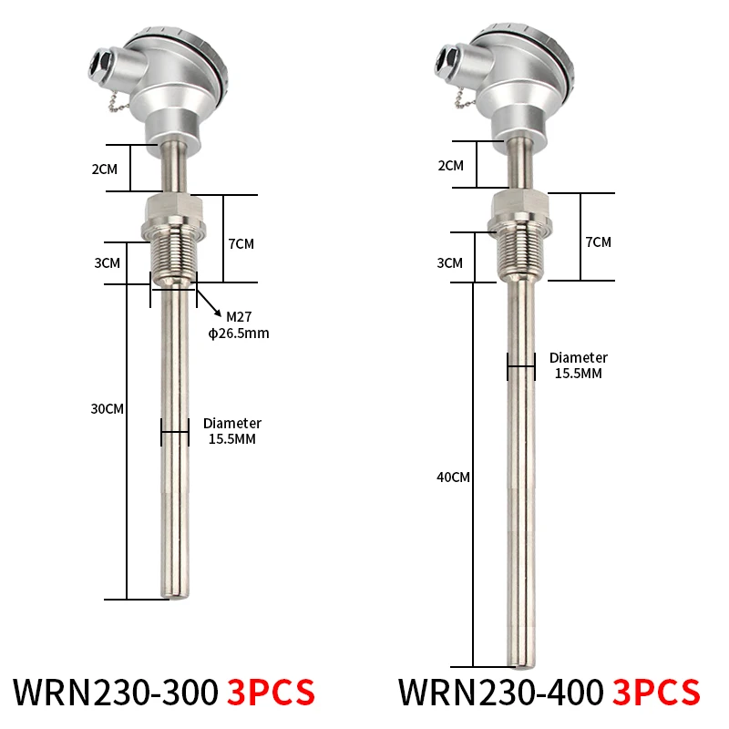 Customized 3pcs 300mm+3pcs 400mm WRN230 1100℃ K-Type Temperature Sensor Probe Transmitter Armored Stainless Steel