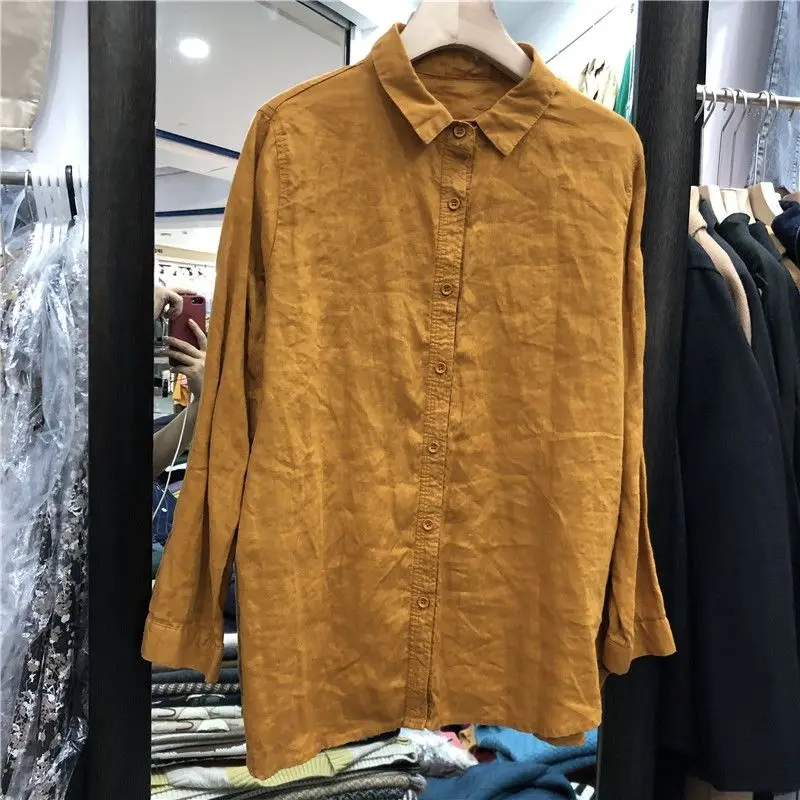 

Новинка 2023 года, весенние женские топы, модная ретро хлопково-льняная рубашка с длинными рукавами, женская повседневная свободная блузка, женская