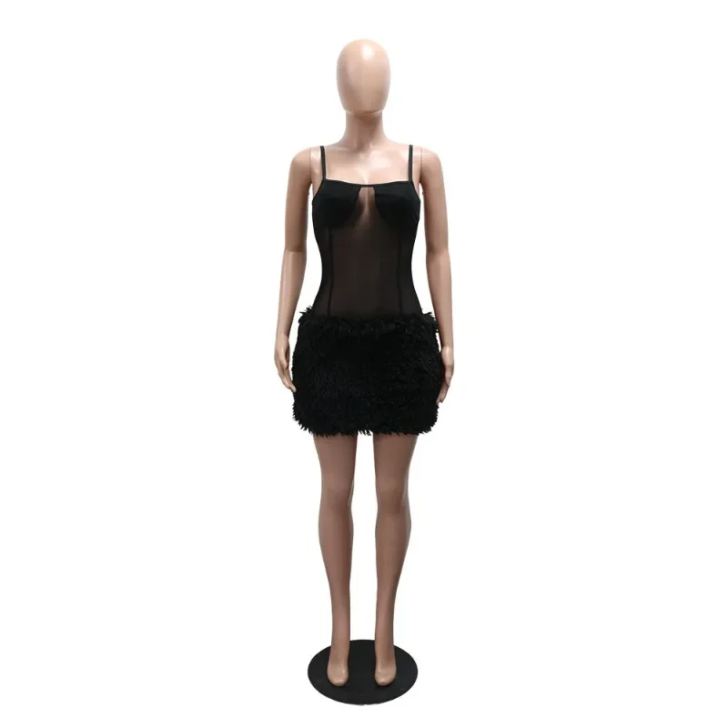 Faux Bont Patchwork Sheer Mesh Hemdje Mini Jurk Vrouwen Sexy Pluizige Spaghettibandjes Backless Bodycon Midnight Clubwear Vestidos