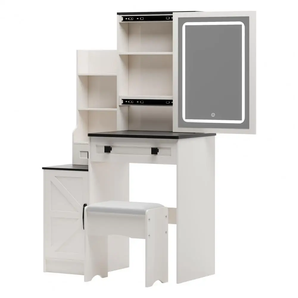 Vanity Desk with LED Lighted Mirror, Bedroom Dressing Table, Makeup Desk with Stool, 2 Drawers, 1 Barn, Open Shelves