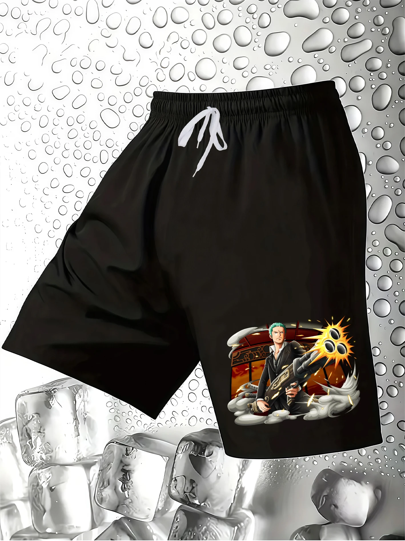

Men's Zoro Print Casual Shorts, Drawstring Waist, Wrinkle-Resistant, Skin-Friendly Fabric, Loose Beach Joggers, Wear-Res