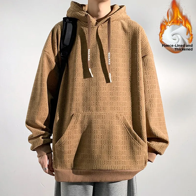 

Thickened Fleece Hoodie Sweatshirt for Teenage Boys Retro American Style Autumn Winter Casual Loose Fit Hooded Jacket