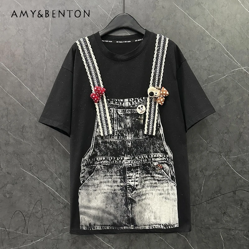 

Special Design Y2k Strap Print Fake Two-Piece Short Sleeved T-Shirt 2025 Autumn New Loose Casual Mid-Length Top Pullovers Female