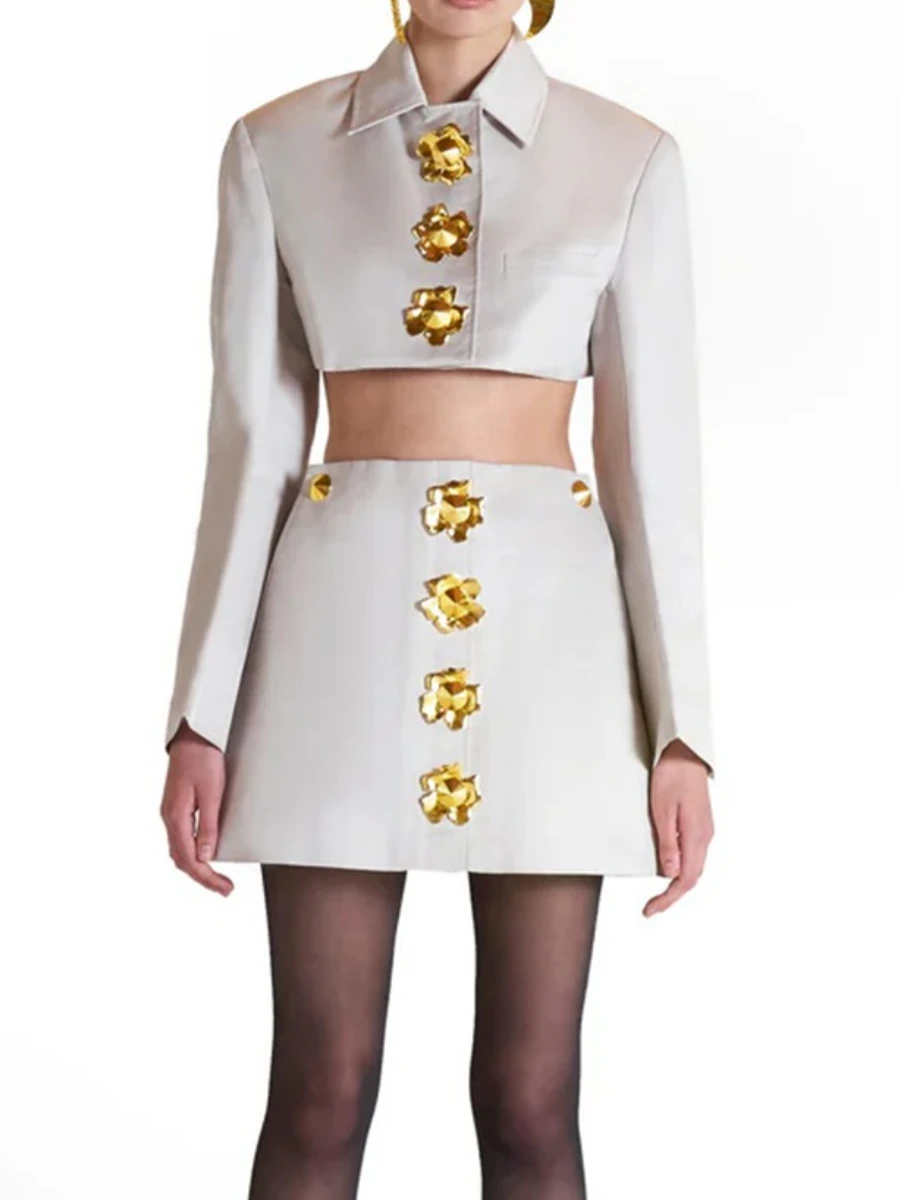 TWOTWINSTYL الصلبة تقسم الترتر قطعتين مجموعات للنساء التلبيب طويلة الأكمام البنطال القصير تنورة عالية الخصر مجموعة الموضة الإناث جديد #2