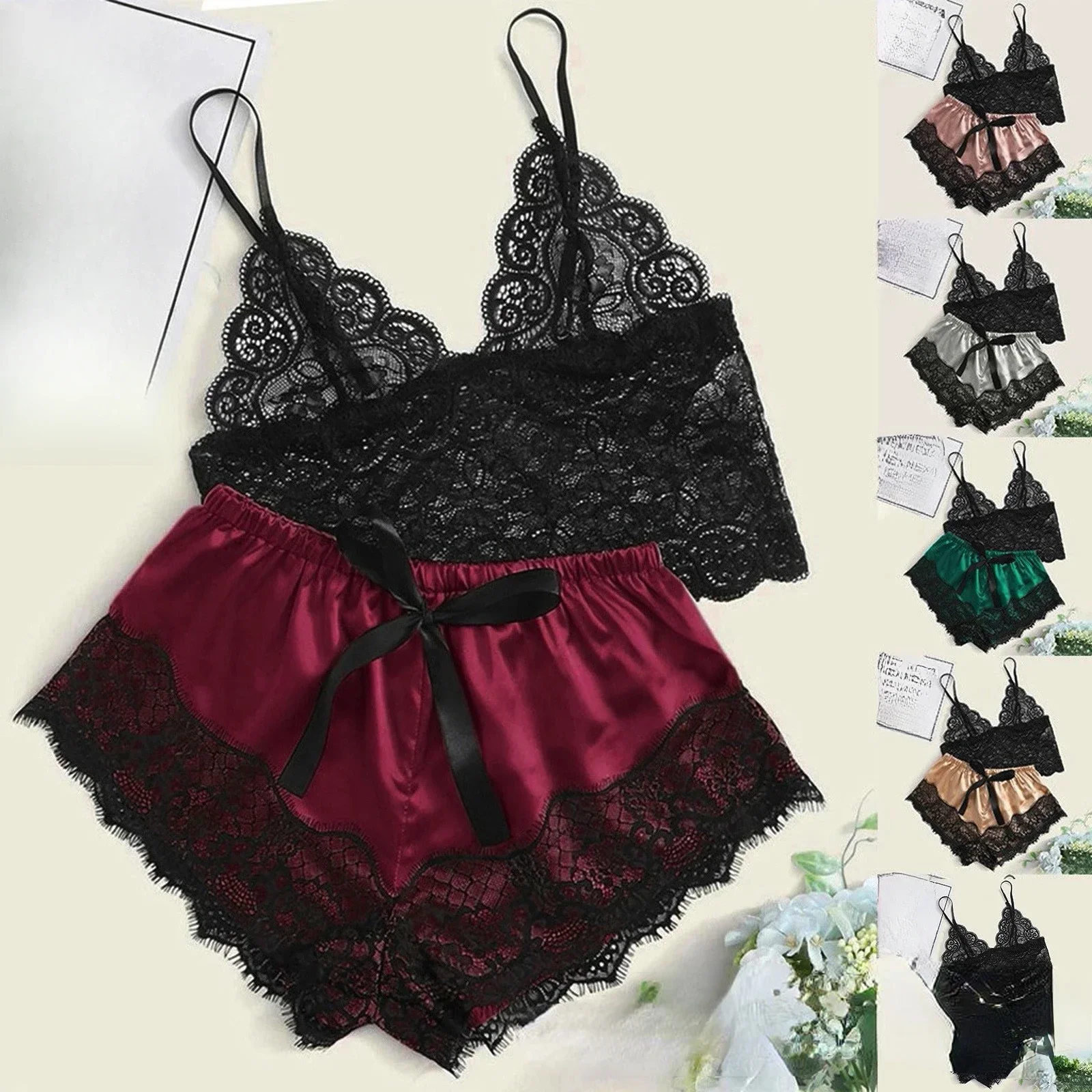

Sexy Pajamas for Women 2 Pieces Top Shorts Set Sleepwear Clothes Lace Pajamas Underwear Lingerie