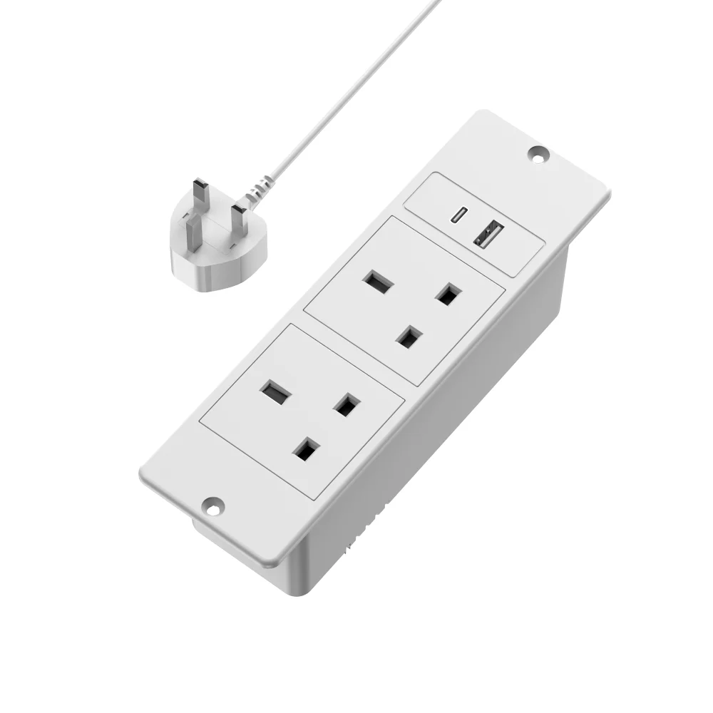 White UK Plug Recessed Power Strip 3250W Extension Lead 2 AC Outlets USB-A USB-C Fast Charging Station Hidden Socket for Home