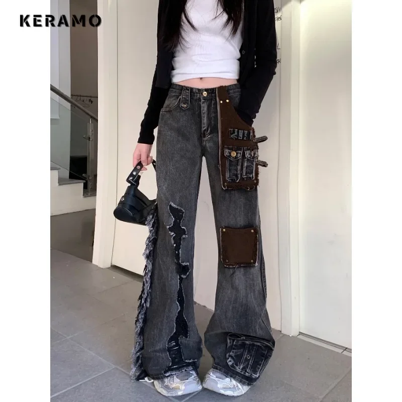Trashy feminino y2k baggy rebarba borda denim calças lavadas vintage casual retalhos calças grunge high street retro jeans de cintura alta