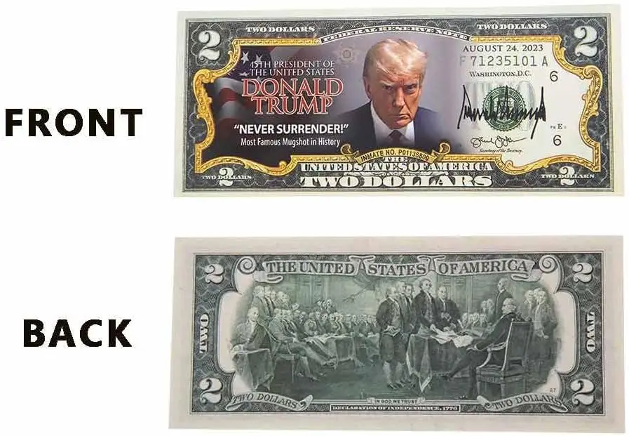 100 Pack Trump 2 Dollar Bill Two Bills Funny Trump Never Surrender Mugshot $2 Bill