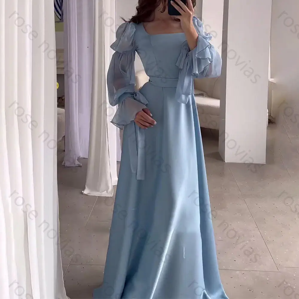

Индивидуальное вечернее платье из высококачественного атласа небесно-голубого цвета с квадратным вырезом, длиной в пол, силуэта А-силуэт, для торжественных мероприятий (Vestidos De Fiesta)