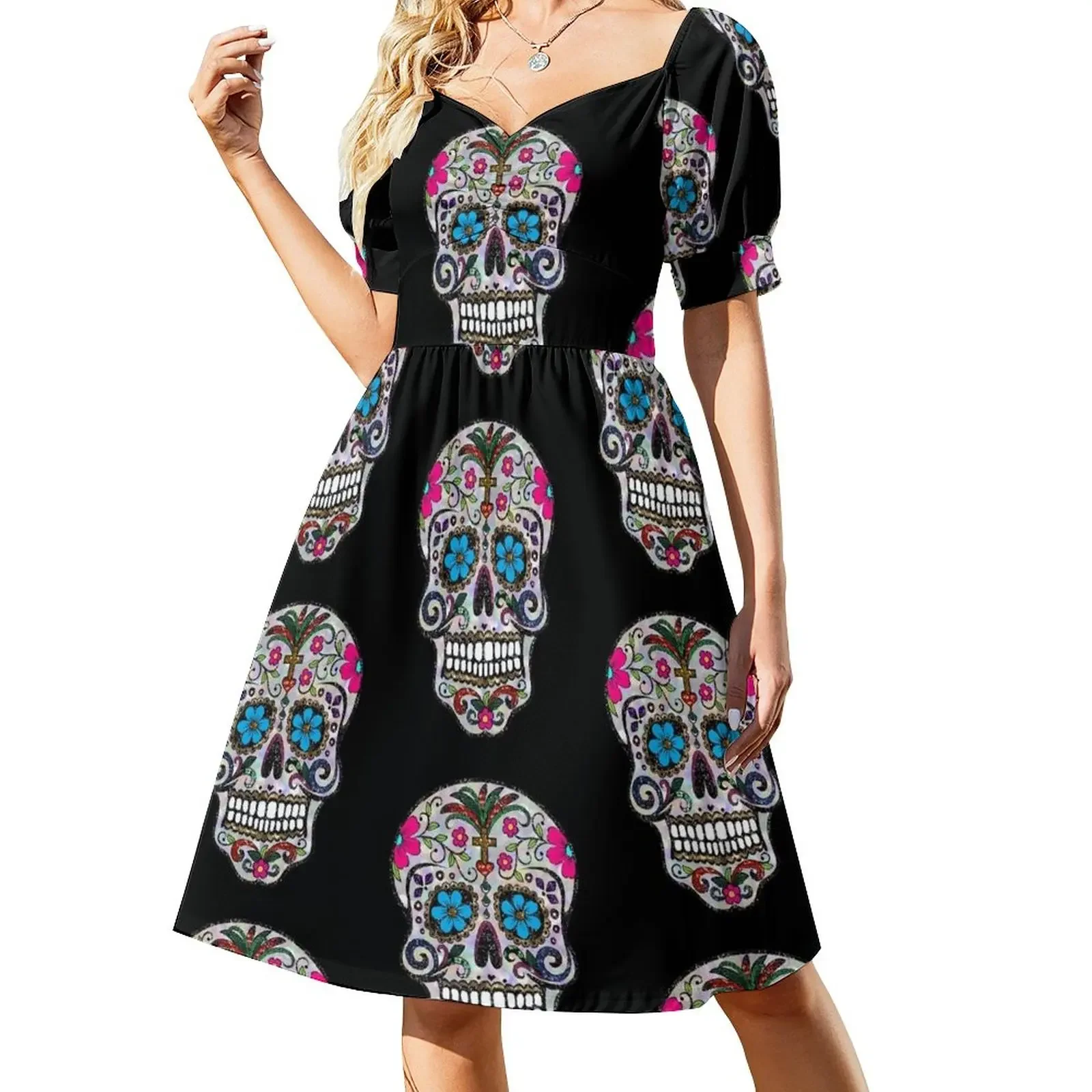 

sequin print Sugar Skulls Sleeveless Dress summer dress korean women elegant and pretty women's dresses