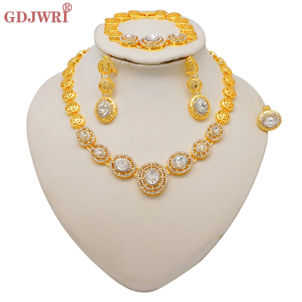 

Dubai Gold Color Jewelry Set Unique Round Charm Rhinestone Necklace Bracelet Earring Ring For Wedding Party For Women Jewellery