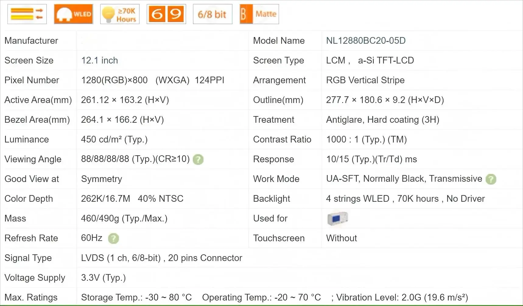 Оригинальный 12,1-дюймовый ЖК-дисплей NL12880BC20-05 NL12880BC20-05D 1280*800, 100% протестирован, работает перед отправкой