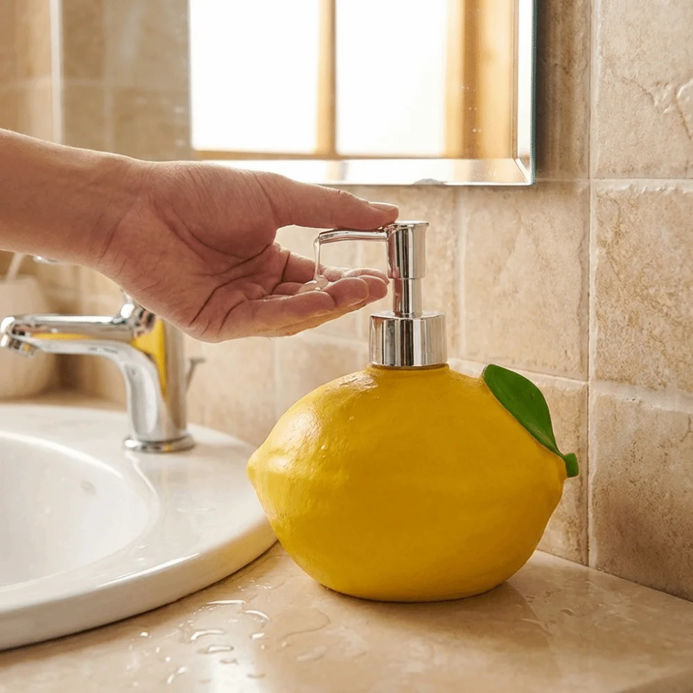 

Диспенсер для мыла в виде лимона из винила, желтый, декоративный, для дезинфицирующего средства для рук, флакон-дозатор в форме фрукта, для шампуня, подарок на день рождения