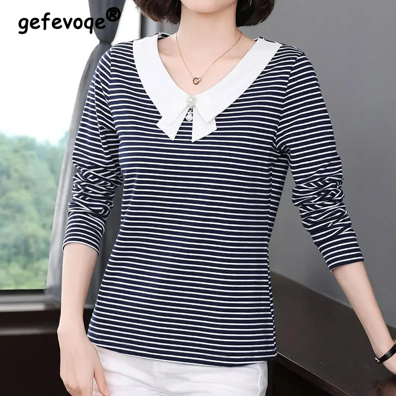 

Casual Fashion Solid Striped Printing T-shirt Spring Autumn 2022 Long Sleeve Peter Pan Collar V-Neck Loose Tops Ladies Clothing