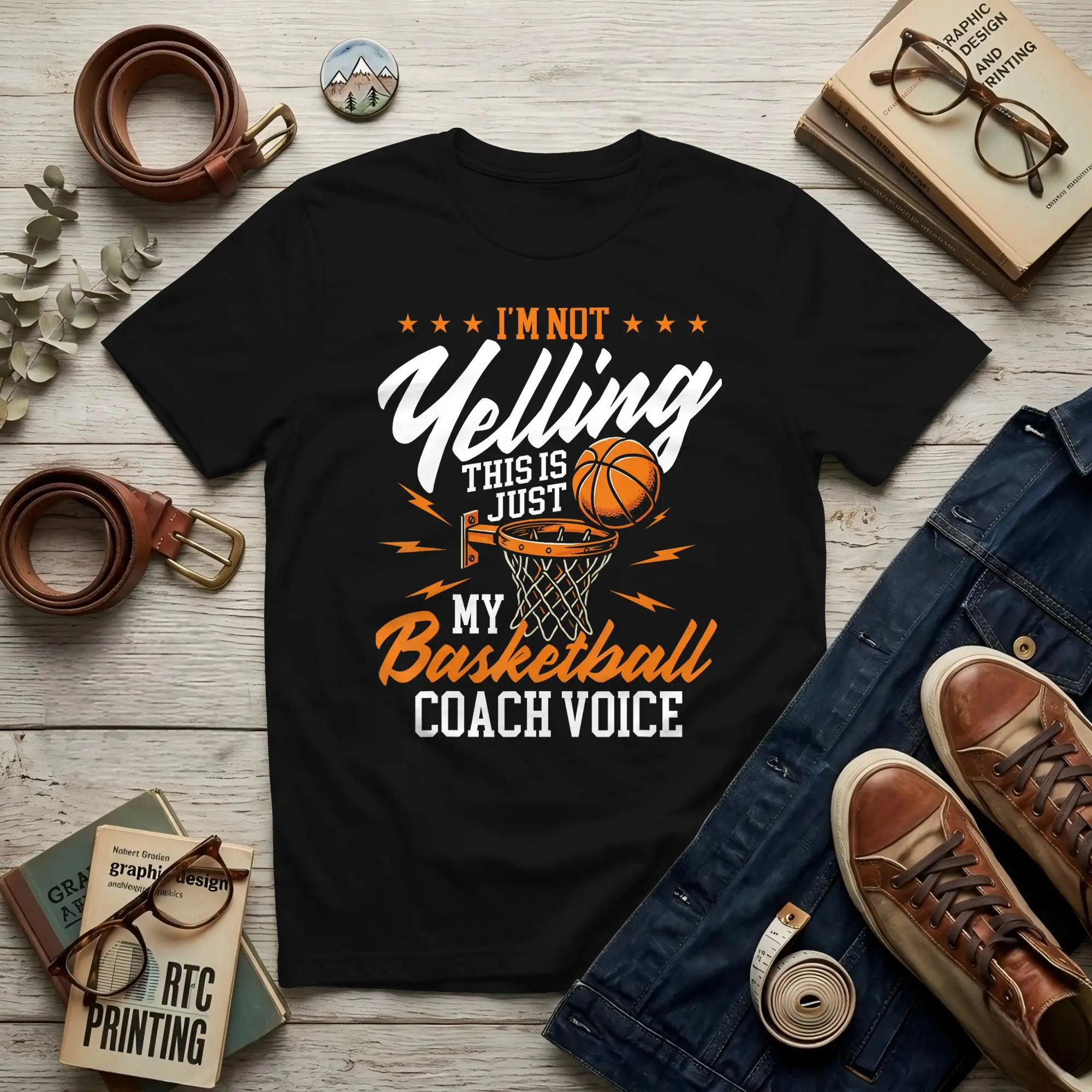 Not Yelling This Is Just My Basketball Coach Voice Men T Shirts Basketball Amazing Tee Shirt Short Sleeve Round Neck Pure Cotton