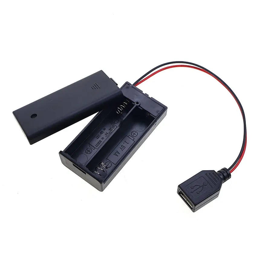 JCD AA Battery Box With PH2.0 XH2.54 Dupont SM USB DC 5.5x2.1mm Plug Terminal Leadwire AA 2X Slot Battery Holder Case W/ Switch