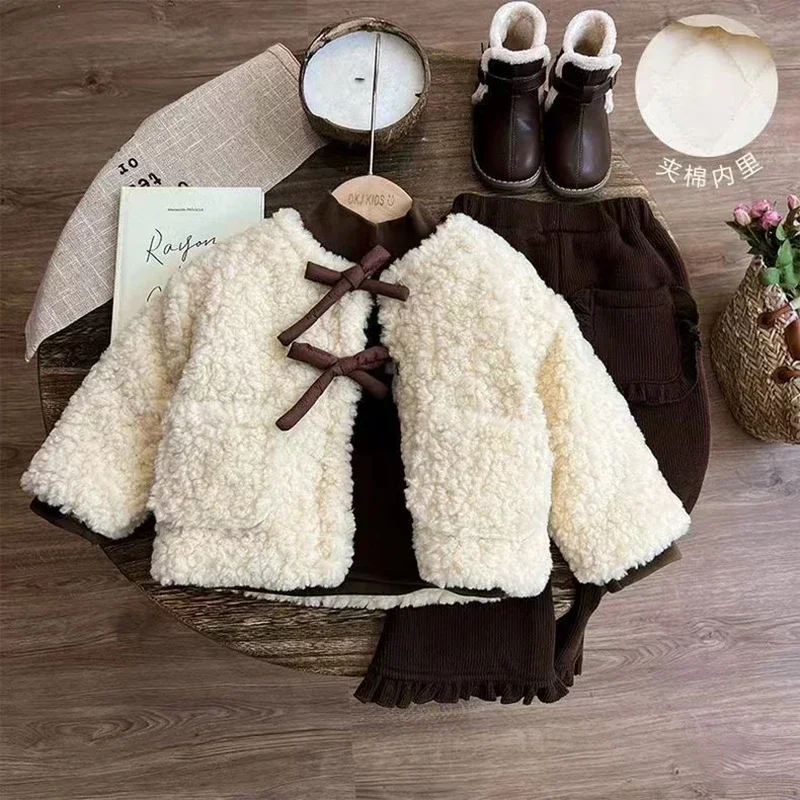 2024 New Fashion Girls' Woolen Coat Thickened Warm Top Jacket 1-8 Year Old Girls' Plush Coat