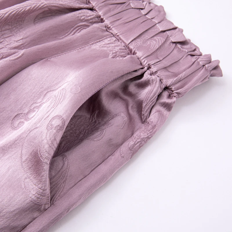 2025 Damesmode Kleding 100% Natuurlijke Moerbei Zijde GuanLe Satijn Geurige Taro Paars Hoge Taille Casual Wijde Pijpen Broek