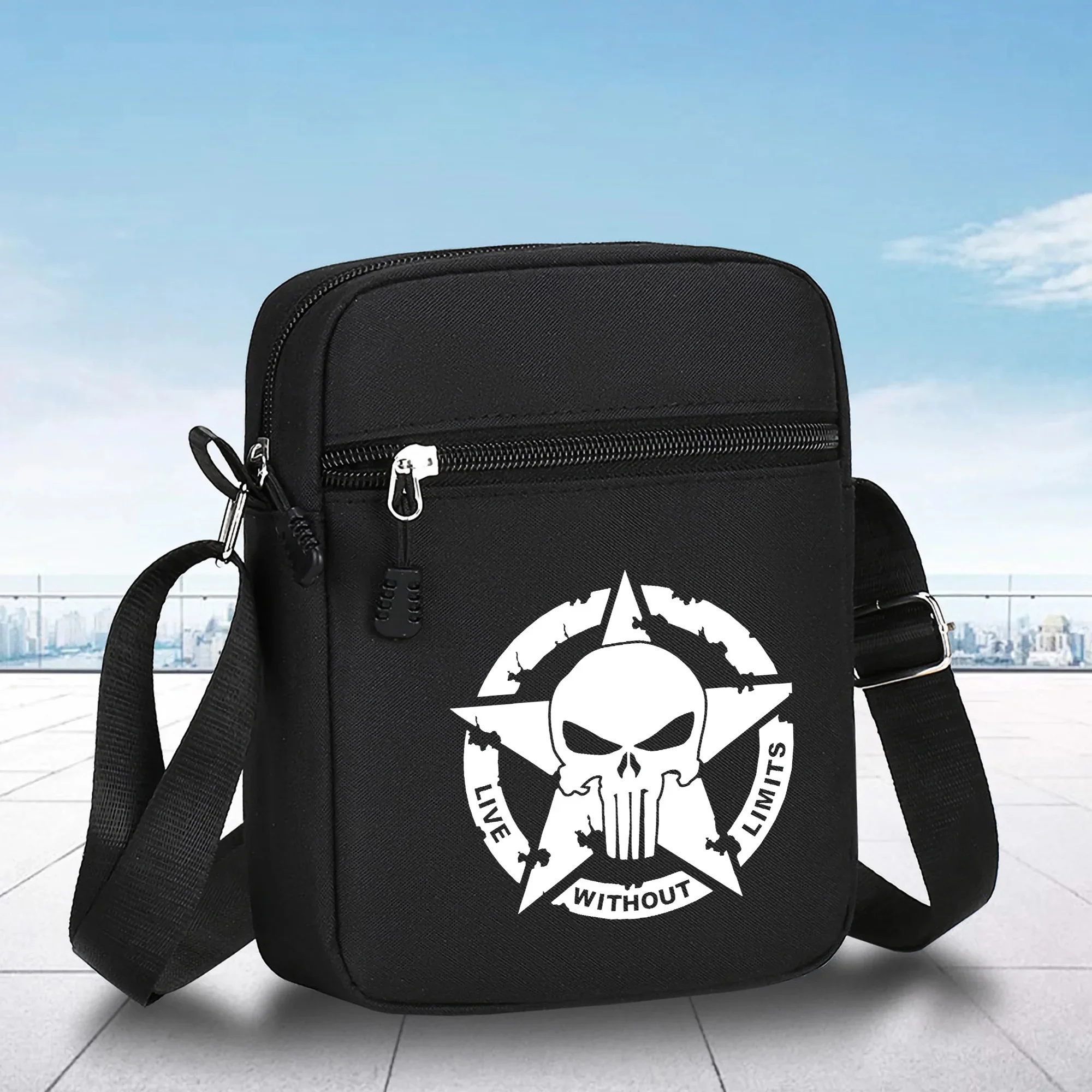 Fashion Skull Head Pattern Mini Oxford Crossbody Bag Print Single Shoulder Bags Adjustable Strap Black Casual Sports Travel