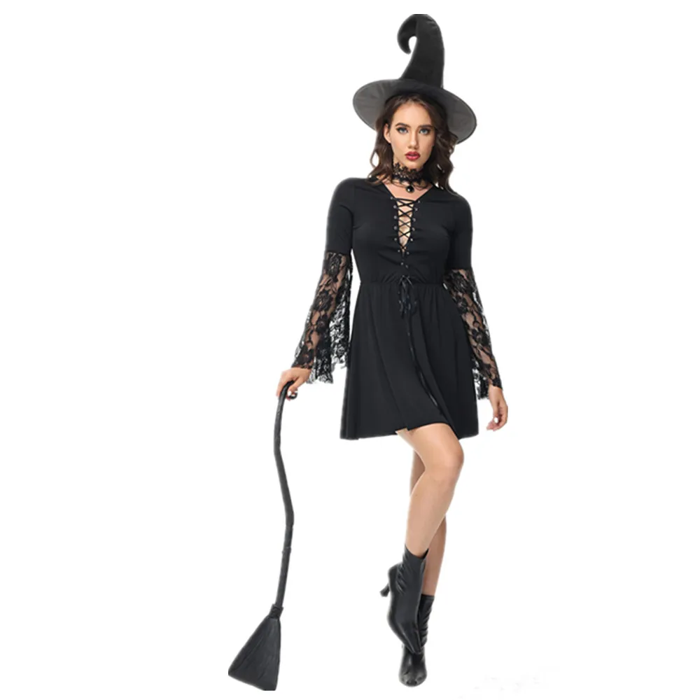 Halloween Cosplay Witch Costume Women Black Deep V Sexy Lace Long Sleeves Dress With Hat Carnival Party Stage Performance Suit