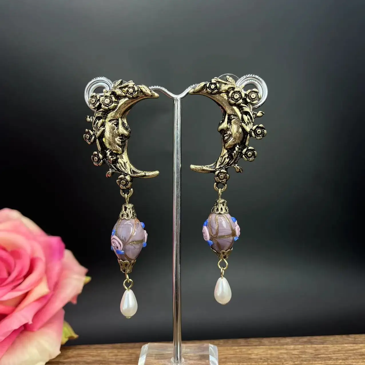 European and American vintage court style flower moon glass pendant earrings