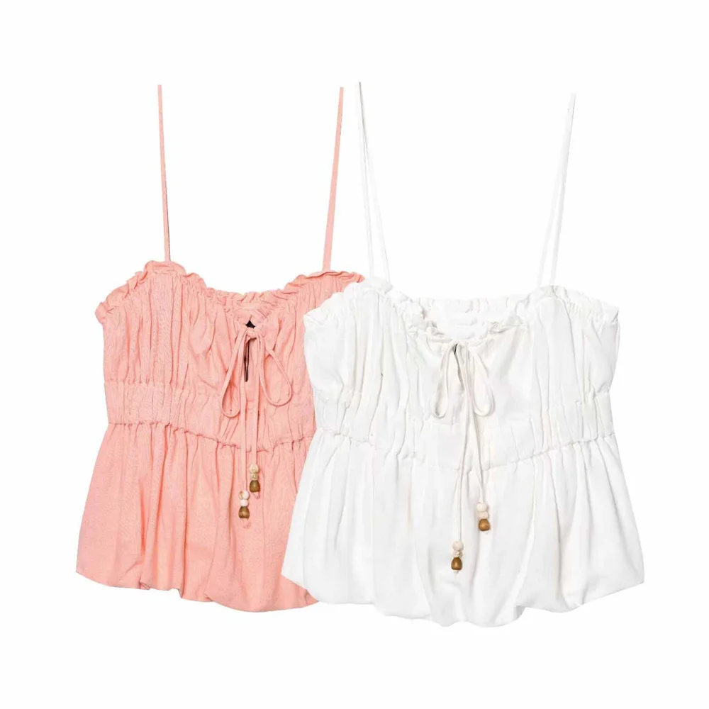 

women's summer new fashion pleated decoration elastic sleeveless straight neck solid color slim fitting tank top