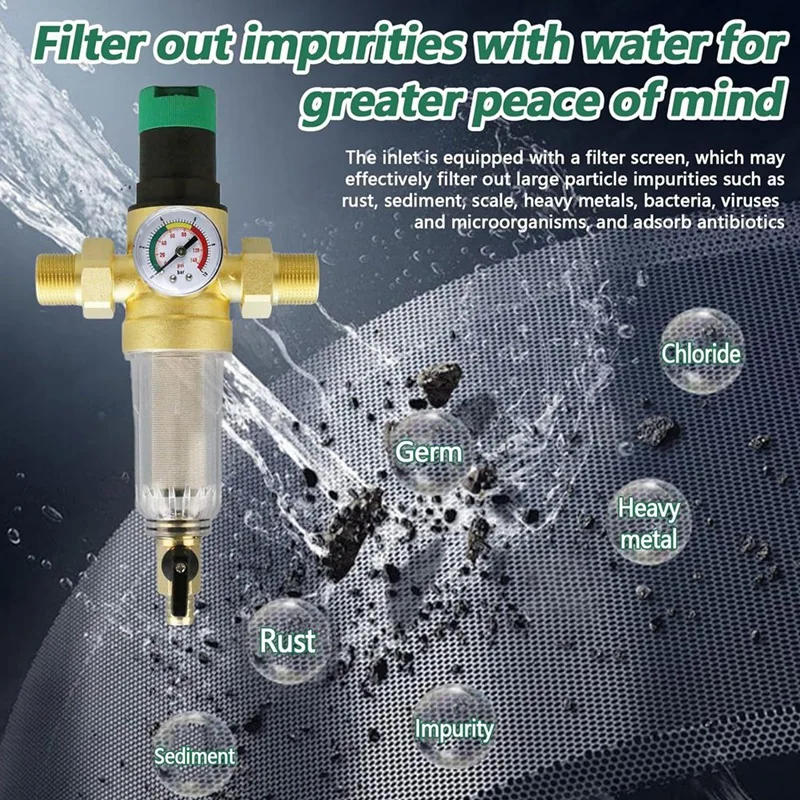 BEAU-Backwash Filter With Pressure Regulator And Pressure Gauge, 3/4 Inch House Connection, Reusable Pressure Regulator