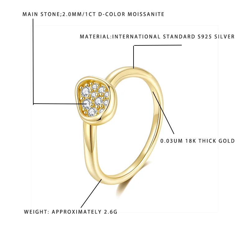 

D-Color 2.0MM Moissanite Ring 18K Gold Plated S925 Sterling Silver Fine Jewelry for Women Party Gift