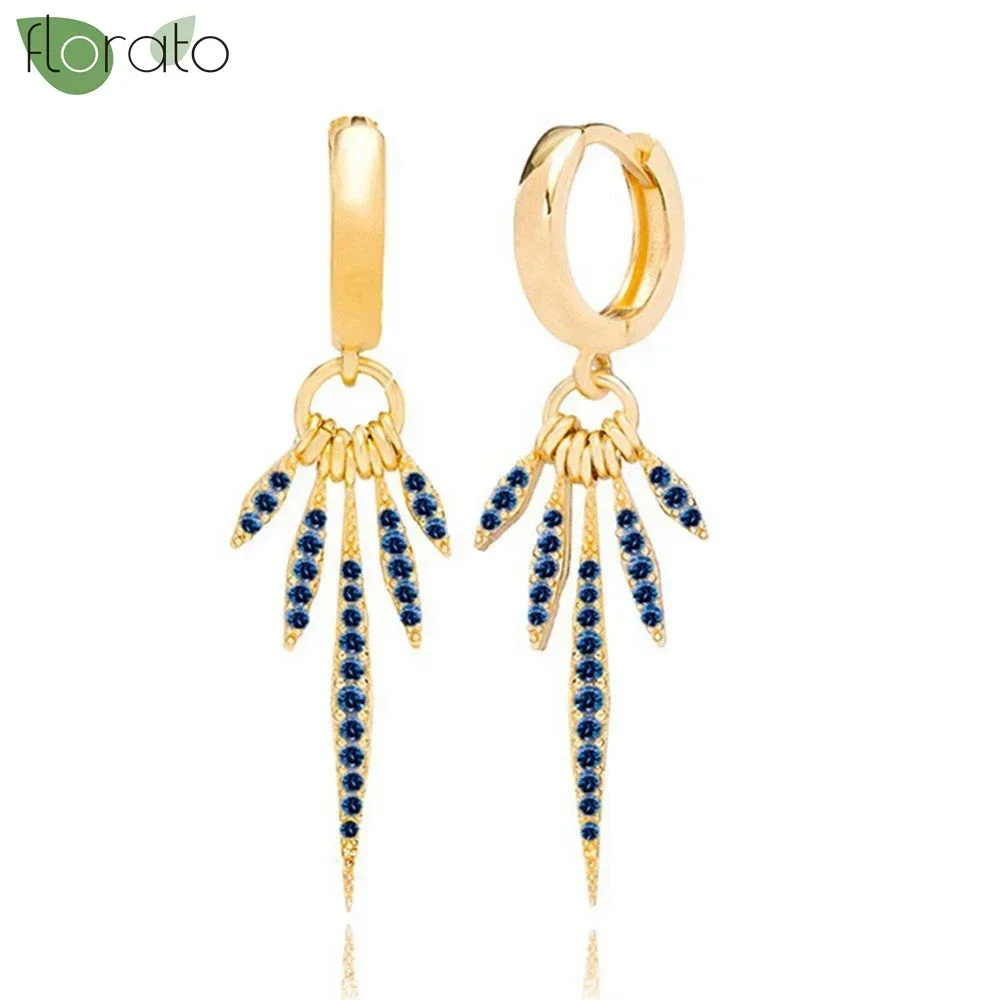 925 Sterling Silver Needle Mysterious Blue Zircon Geometric Pendant Earrings Fashion Gold Hoop Earrings for Women Jewelry 2023