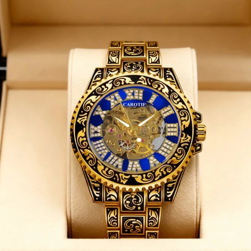 

A men's black and blue vintage luxurious watch with intricate engravings and fully automatic movement