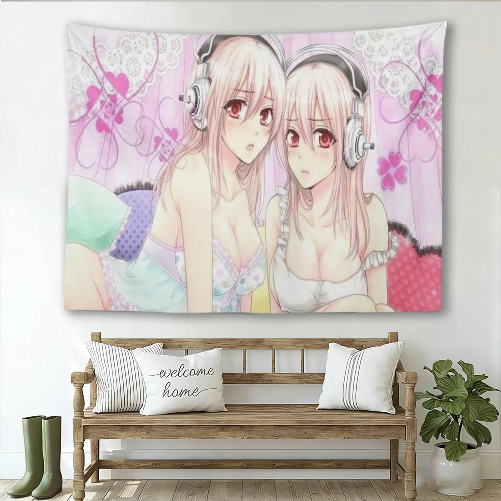 S-Super Sonico Anime-Mädchen Wandteppich, Rosa Kawaii Wandbehang mit Kopfhörern, Niedliche Manga-Ästhetik-Deko für Schlafzimmer und Studentenwohnheim