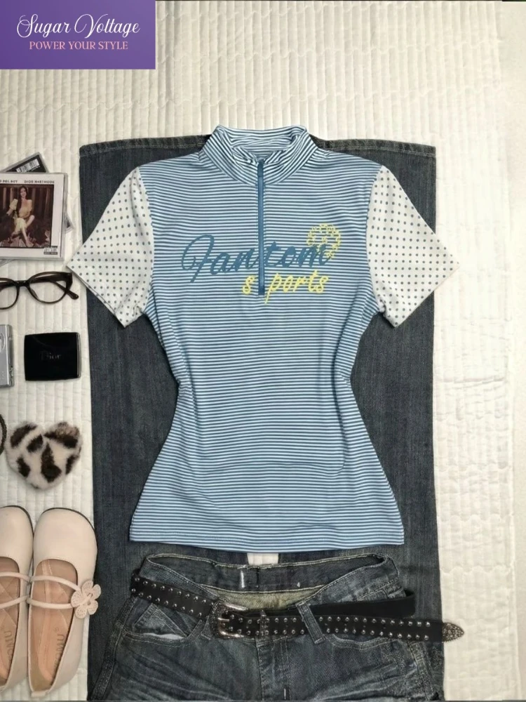 

Summer American Striped Top Women SlimHalf Zipper T-Shirt Fashion Sporty Casual Streetwear Y2K Athletic Trendy Popular Clothes