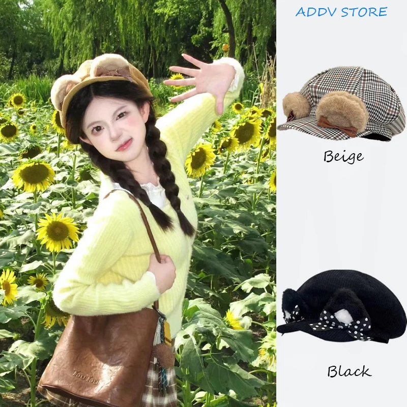 

Cute Bear Ears Bow Plaid Berets Caps for Women Spring Autumn Casual Versatile Retro Literary Octagonal Newsboy Hats Bonnet