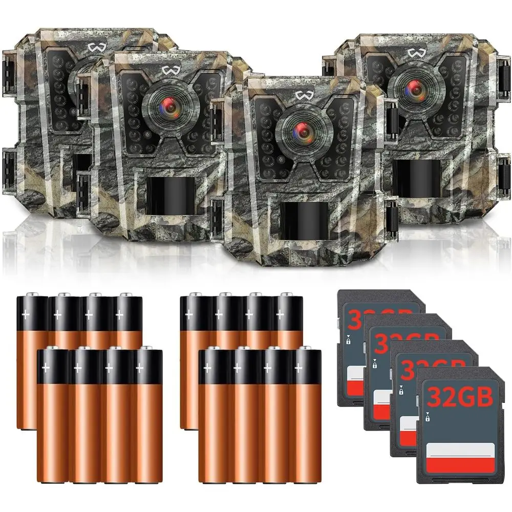 

4-Pack 24MP 1080P Mini Trail Cameras with SD Card, Waterproof Wildlife Monitoring, Night Vision & Fast Trigger