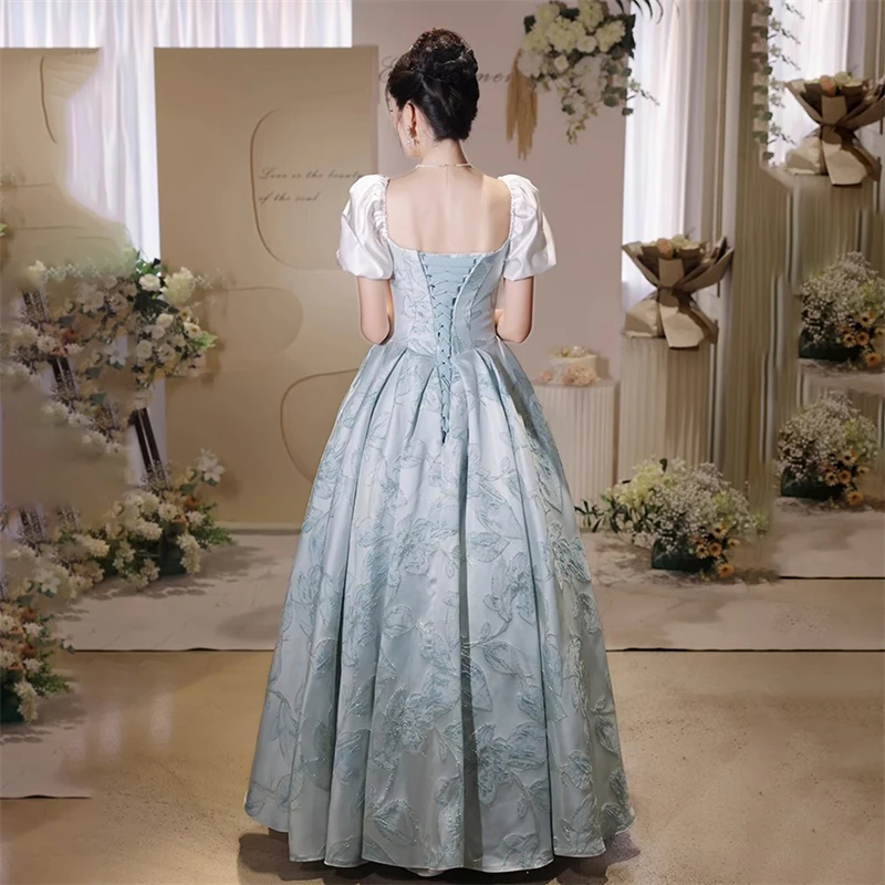 Vestido longo de manga folhada sem ombro feminino, vestido de noite, sentimento de alto nível, banquete elegante, roupa de anfitrião, azul, francês