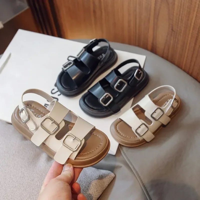 

2024 Children's Sports Sandals Beige Open-toe Boys Girls Beach Shoes Black Soft Bottom Non-slip Fashion Kids Baby Sandals